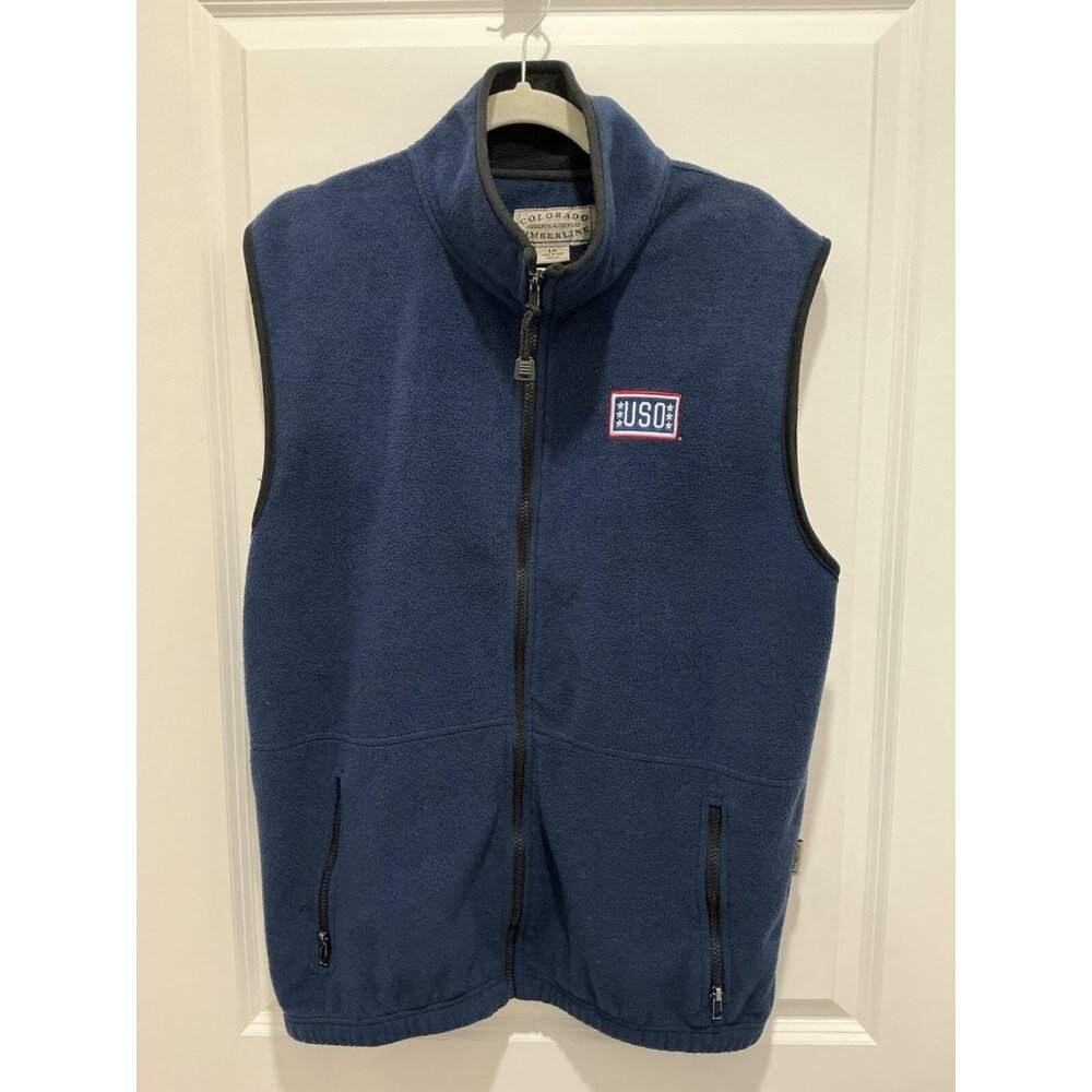 Colorado Timberline Fleece Vest Men's Large Blue Black Collar USO Patch Pockets